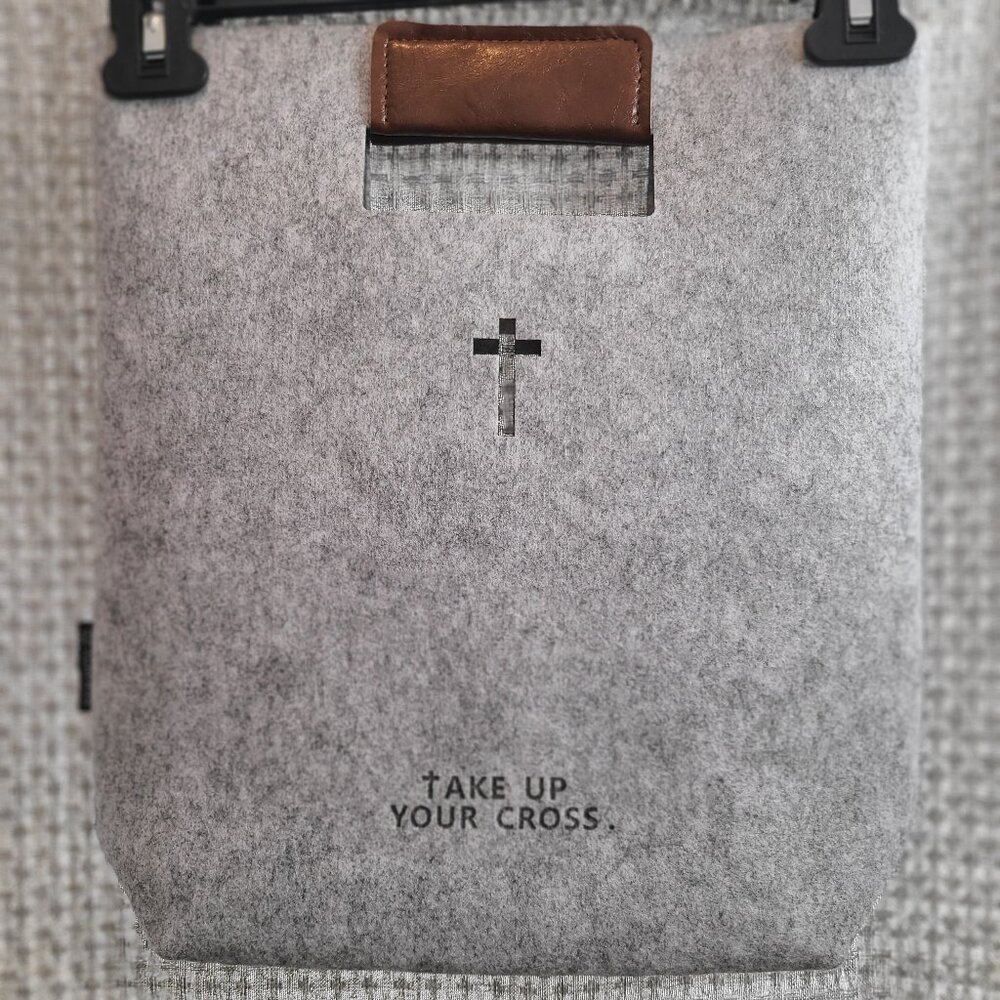 Agapass Tote Bag Take Up Your Cross Gray Felt PU Leather Brown Handle